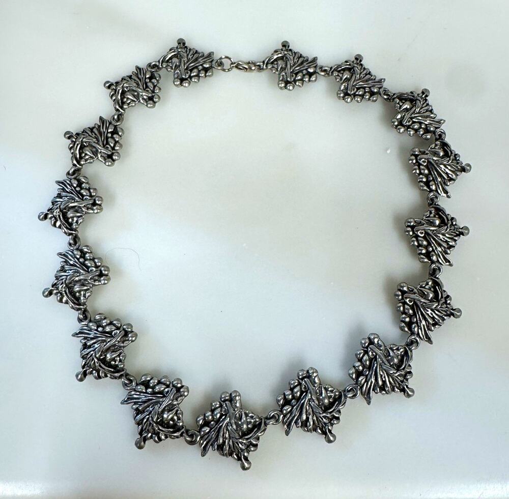 Silver Tone Botanical Necklace Floral Leaves Berries